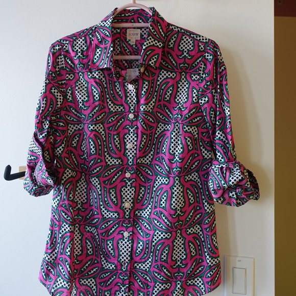 J. Crew Factory pink green swirl polka dot shirt XS 0 2 - Picture 10 of 11